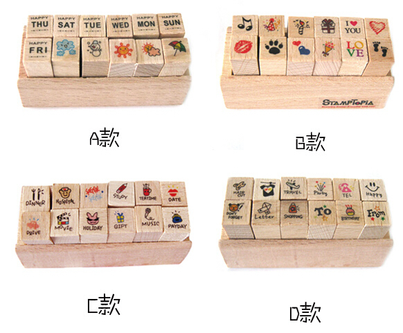 diy 12pcs/1Set 4style mix decoration Wooden Box Stamps cute daily 