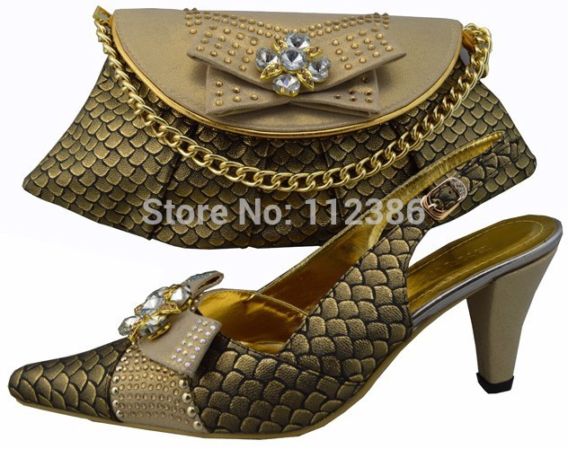 Free Shipping New arrival fashion nice matching shoe and bag set for lady gold size 38