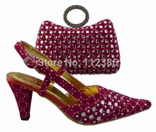 free shipping!2014 new design summer Fashion fish-scale pattern med heels african shoes and bag set in ,fushia
