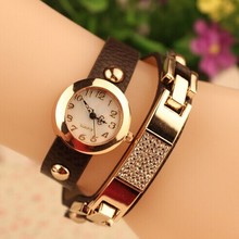 2015 New Fashion Casual Watch Women Plated Gold Quartz Watches Crystal CZ Diamond Leather Strap Wristwatches