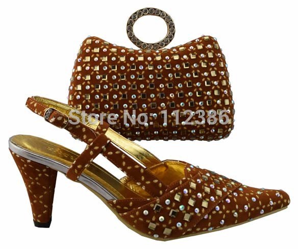 2014 new design summer Fashion fish scale pattern med heels african shoes and bag set incoffeecolor