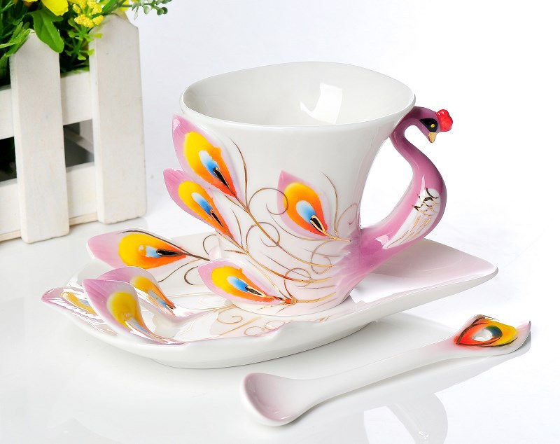 3Pcs Peacock Franz Porcelain Coffee and Tea set Cup saucer Spoon Creative mug