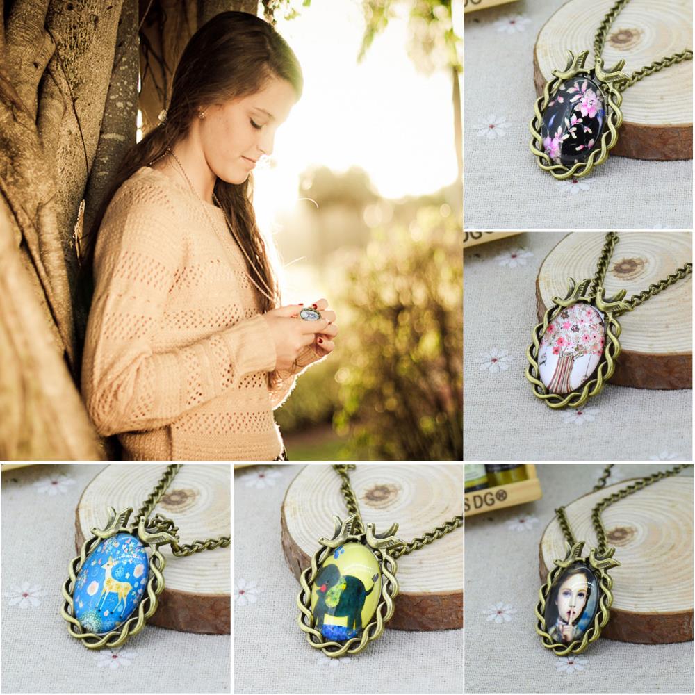 2014 Vintage Jewelry Fashion Cabochon Necklace Antique Bronze Oval Flower Girl tree Deer Alloy Pendant Chain