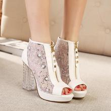 2014 summer station Rome chaton lace waterproof high heeled sandals crystal shoe coarse fish mouth shoes