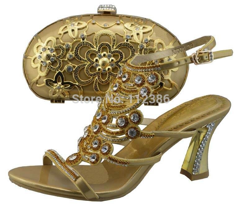 2014 Newest arrival High quality Rhinestone shoe and matching handbag with free shipping in gold color