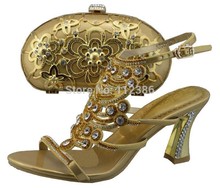 2014 Newest arrival High quality Rhinestone shoe and matching handbag with free shipping in gold color
