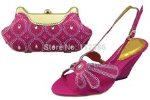 Popular open toe rhinestone shoe and bag matching, wholesale italian fashion shoe and bag with free shipping by DHL fushia color
