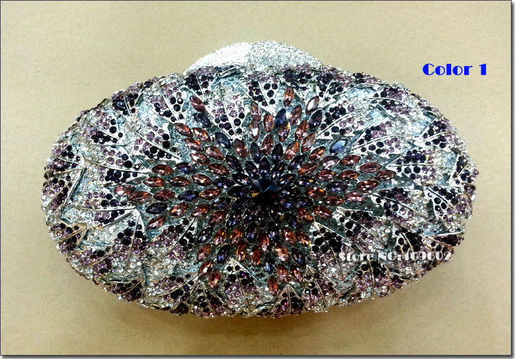 2014 NEW Style Luxury Crystal Women Wallets Clutch Evening Bags Flower Oval metal inlay crystal Women