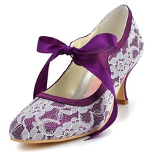 New Color Ivory Lace Purple Satin A3039 Elegant Round Toe Mary Janes Ribbon 3 Stiletto Heel