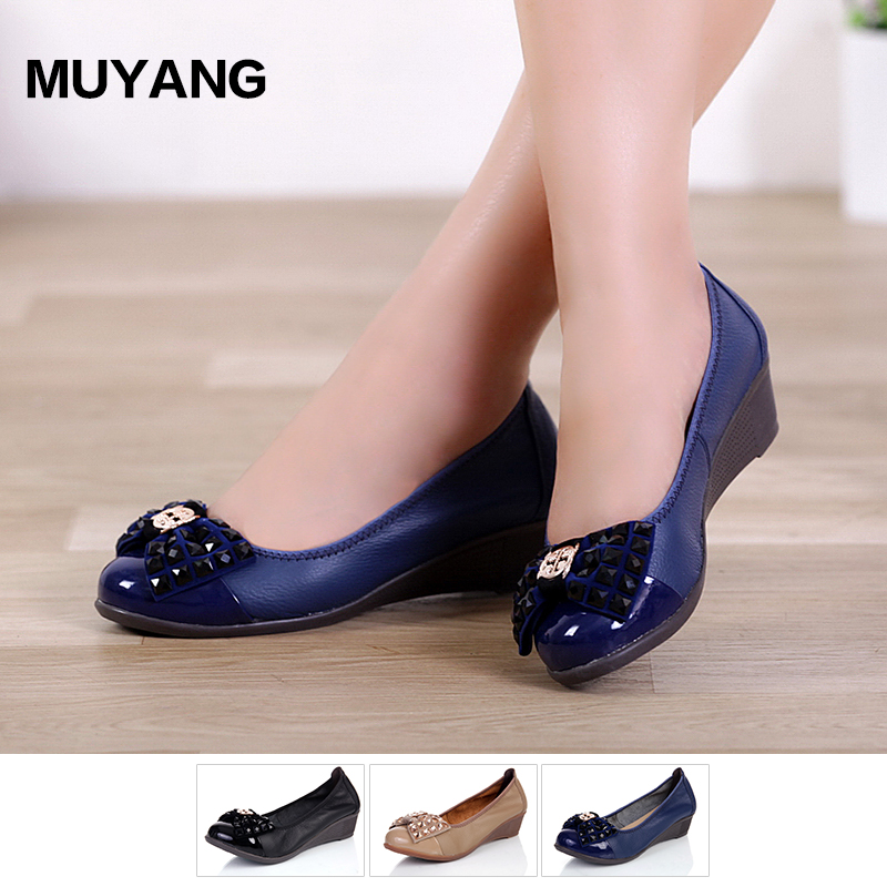 Ewe 2014 spring genuine leather wedges shoes bow rhinestone mother women s shoes fashion shoes