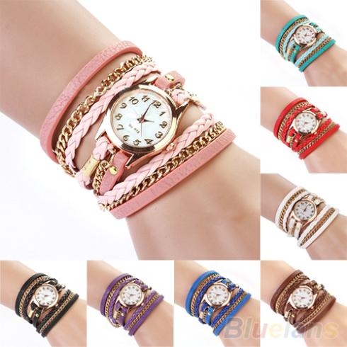 2014 New FAshion Hot Colorful Vintage women watches Weave Wrap Rivet Leather Bracelet wristwatches watch 0AWG