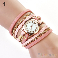 2014 New FAshion Hot Colorful Vintage women watches Weave Wrap Rivet Leather Bracelet wristwatches watch 0AWG