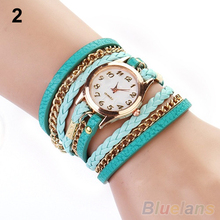 2014 New FAshion Hot Colorful Vintage women watches Weave Wrap Rivet Leather Bracelet wristwatches watch 0AWG