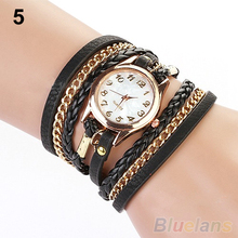 2014 New FAshion Hot Colorful Vintage women watches Weave Wrap Rivet Leather Bracelet wristwatches watch 0AWG