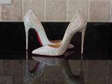 Fashion designer rhinestone crystal diamond red sole high heels bridal wedding shoes 2014 women pointed to silver pumps