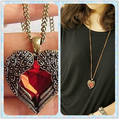 2014 Big Promotion Vintage Gothic Wings Ruby Peach Necklace Carved Red Heart Love Chains Necklaces For