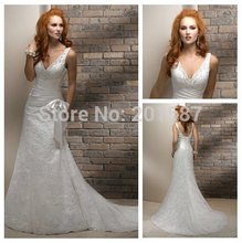 V-neckline A-line Ivory Organza Backless Lace Wedding Dresses With Short Train