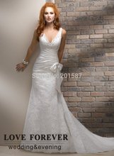 V neckline A line Ivory Organza Backless Lace Wedding Dresses With Short Train