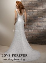 V neckline A line Ivory Organza Backless Lace Wedding Dresses With Short Train