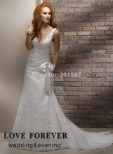 V neckline A line Ivory Organza Backless Lace Wedding Dresses With Short Train