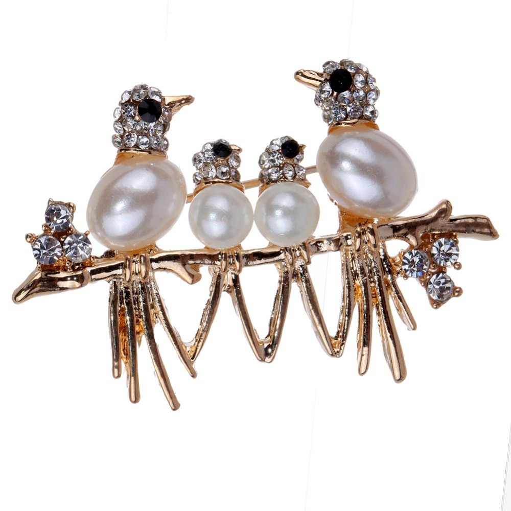 Wholesale Pearl Birds Black Eye Gold Plated Carved Brooches Pins