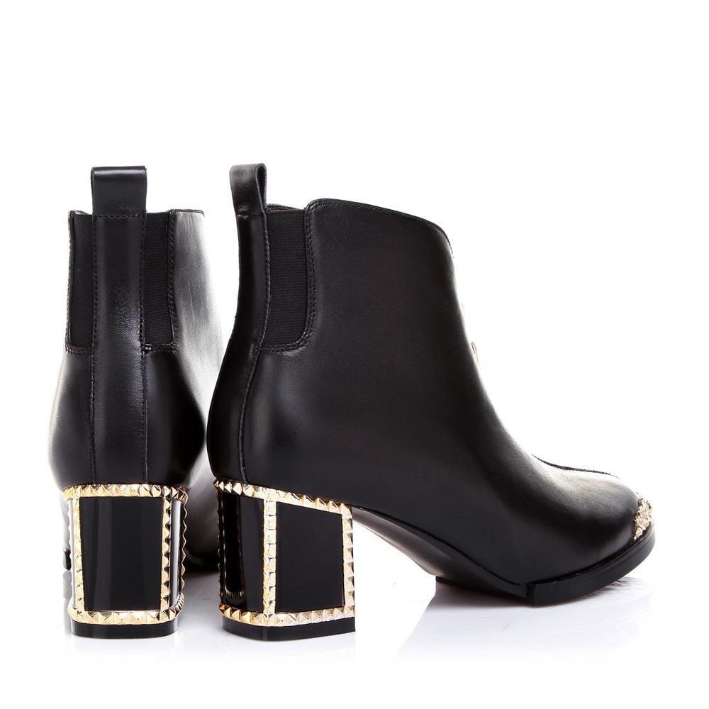 Fall 2014 new sweet thick with round metal Short front zipper solid low heeled leather boots