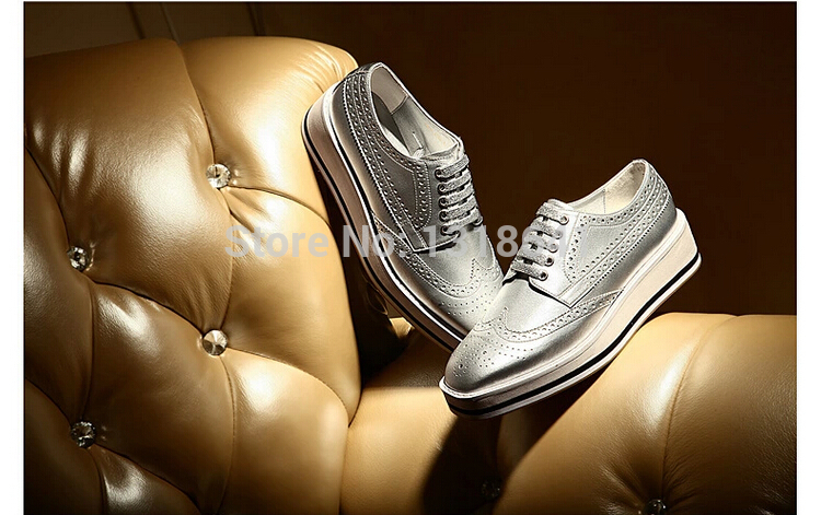 2014 New Women Lady Leather Lace up Breathable Silver Black Thick Platform Shoes Wedge Heel Shoes