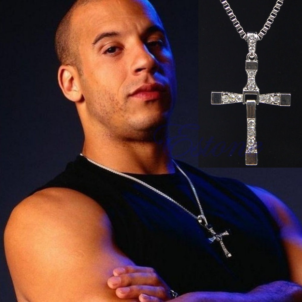 C18 Hot The Fast And Furious Mens 17 Rhinestone Cross Crystal Pendant Chain Necklace
