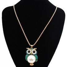 Big pearl strass owl pendant long necklace 2014 fashion jewelry for women collier bijuterias max colares