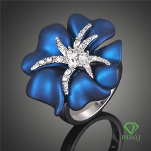 Free shipping 18k yellow / white gold plating Austrian crystal blue flower rings