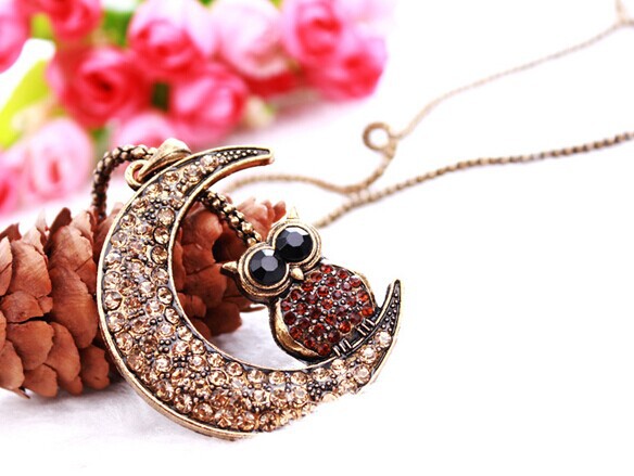 Cristal moon owl long necklace maxi vintage boho chic fine costume jewelry kolye gargantilha collier accessories