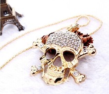Big skull bone long necklace maxi/steampunk hip hop collier women fashion 2014 crystal jewelry/max colar/colares/caveira/collier