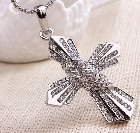 Silver jewelry strass cross pendant long necklace female high quality fashion necklaces for women 2014 collar