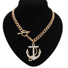 Brand designer 18k rose gold plated rhinestone anchor pendant necklace Chunky metal chain Statement jewelry women