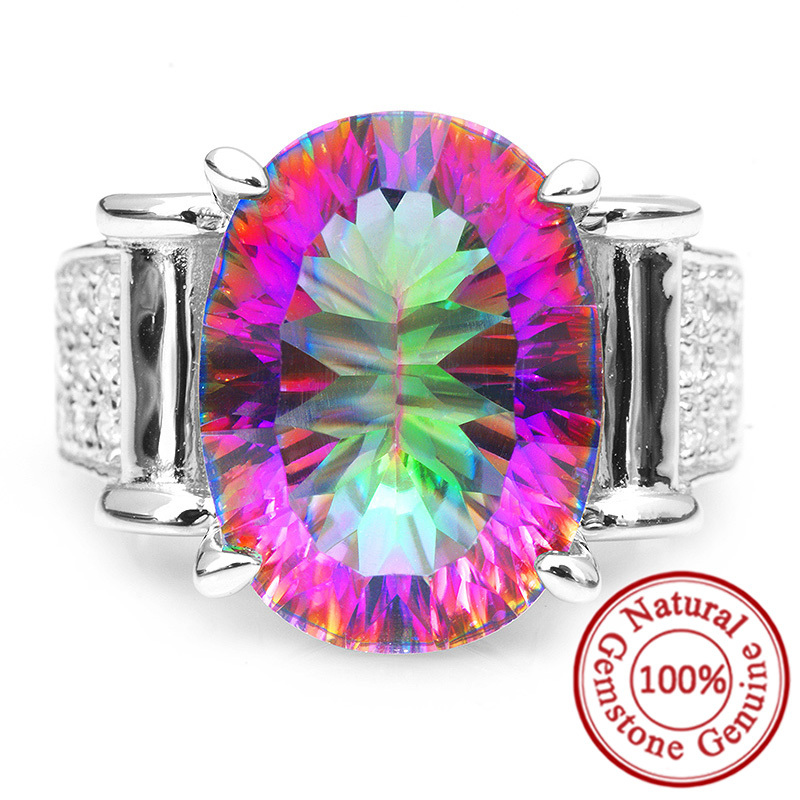 Feelcolor Brand New Huge 11ct Genuine Rainbow Fire Mystic Topaz Solid 925 Sterling Silver Ring Vintage
