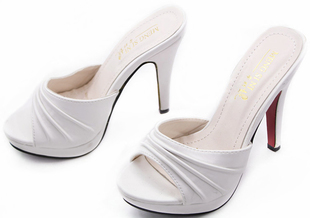 2014 New Pleated Women Slides Pumps Red Bottom High Heels Peep Toe Sandals Slippers White Black