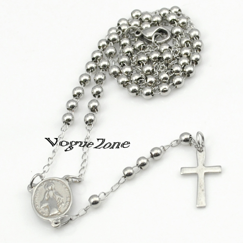Silver chain Beads pendant 3mm Stainless Steel Religous Rosary Cross Necklace jewlery jesus tardis acessorios para