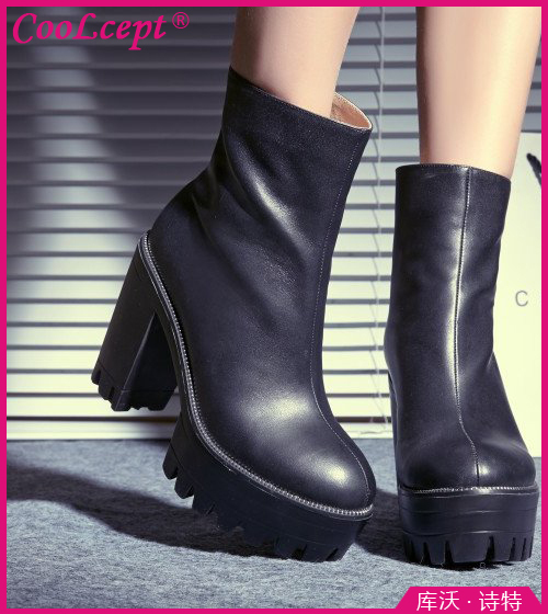 CooLcept Free shipping ankle half short natural real genuine leather high heel boots women snow warm
