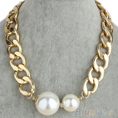 Fashion Sexy Chain Big Pearls Golden Choker Statement Necklace 06YR