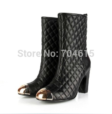 2014 New Arrival free shipping women real leather brand black color metal logo toe zipper mid
