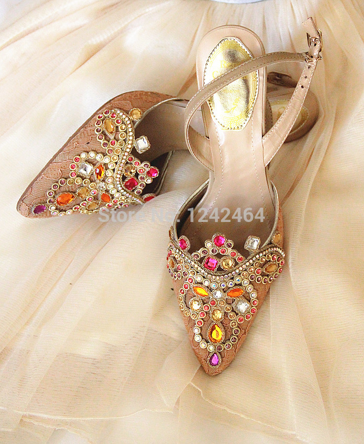 Pure manual custom Costly gem pointed sheepskin slim and sexy sandals Only beautiful lace wedding shoes