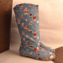 2014 autumn fashion vintage denim boots round toe flat heel martin medium-leg boots botas femininas shoes woman 75