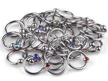 Wholesale 10pcs Mixed Color Crystal Stainless steel 17g Captive Bead Rings Nipple 10mm Piercing Body Jewelry Free Ship