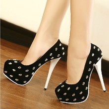 2014 New Sexy Red Bottom High Heels Platforms Skull Head Round Toe Women Pumps OL Shoes