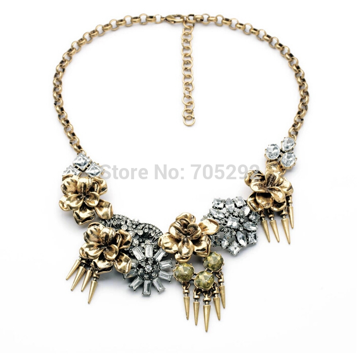 Новый Vintage Luxury Колье Хрустальные Цветы и Сплава Цветы Ожерелье Золотая Цепочка, Колье