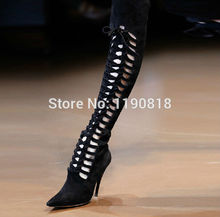 2014 new high quality thigh pointed toe thin hollow out heel high boots white black bule