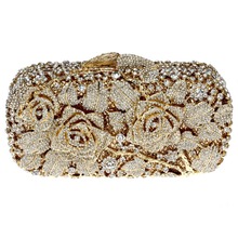 woman bags fashion new 2014 Evening Bag Golden Color Plated Clear White Crystals Wedding Bridal Metal Clutches 50 cm Metal Chain