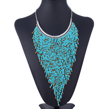 100% Handmade Bohemian Style Long Tassel Fashion Jewelry Turquoise Color Beads Pendant Statement Necklace XL5180