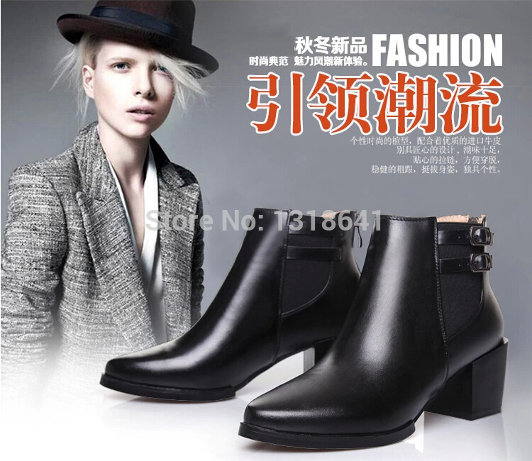 2014 New Fashion Spring Winter Short Plush Inside Back Zipper Buckle Sides Leather Women Medium Heel