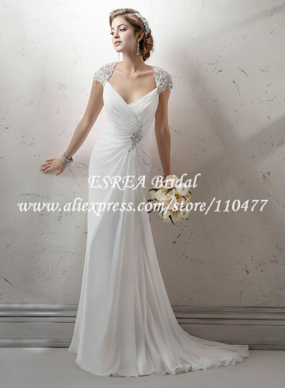 Beaing Cap Sleeve Charming Sheath Chiffon Beach Wedding Dress 2014 Sexy MH874 Deep V Neck Back
